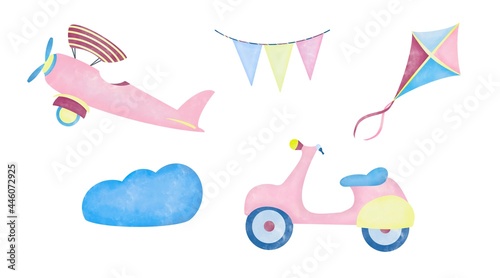Watercolor aquarelle set for kids children. Scooter kite airplane and flags in the clouds on white background hand drawn digital illustration