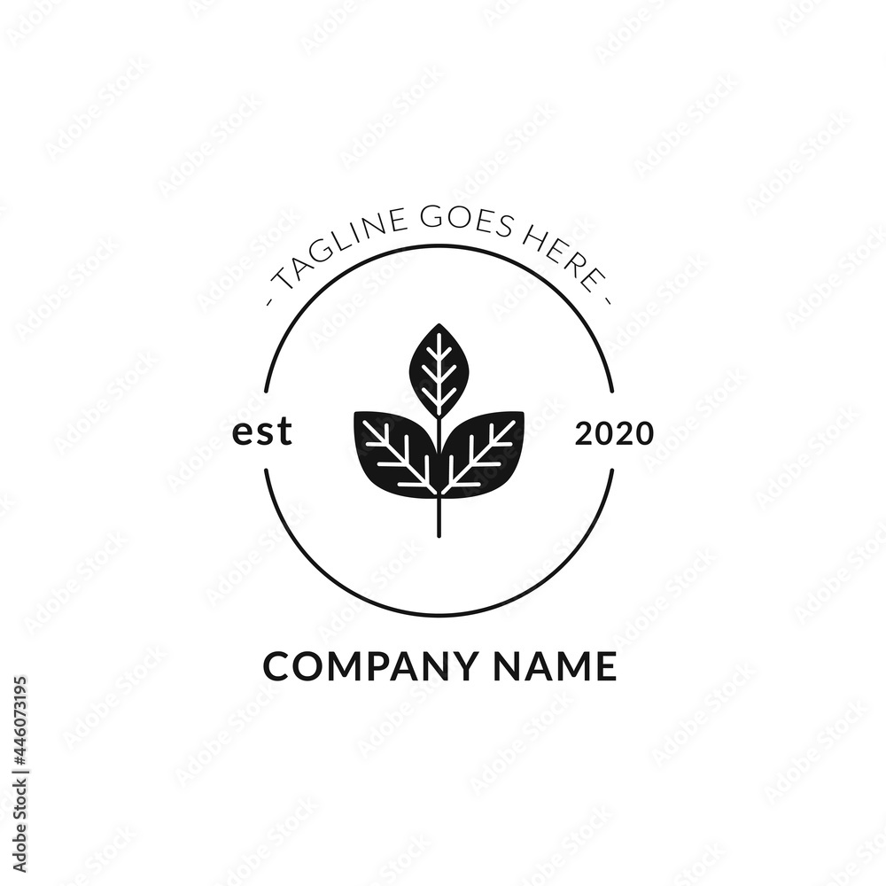Minimalist and elegant floral design template. branch with leaves on line circle. black vector on white background. for badges, labels, logotypes and business branding identity.