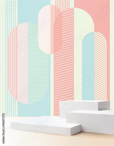 Abstract 3D white cylinder pedestal podium with beige geometric cube platform. Light brown minimal wall scene with window lighting. Modern vector rendering for cosmetic product presentation.