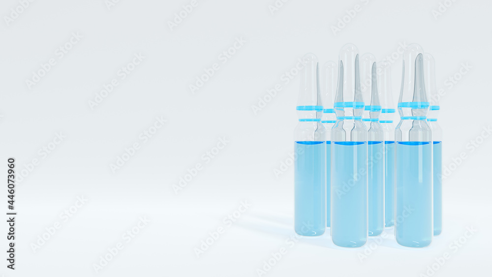 Medical ampoules with blue liquid on white background with shallow dof. Hyaluronic acid vial for skin care. Cosmetics injection 3d render illustration Medical ampoules with blue liquid on white background with shallow dof. Hyaluronic acid vial for skin care. Cosmetics injection 3d render illustration
