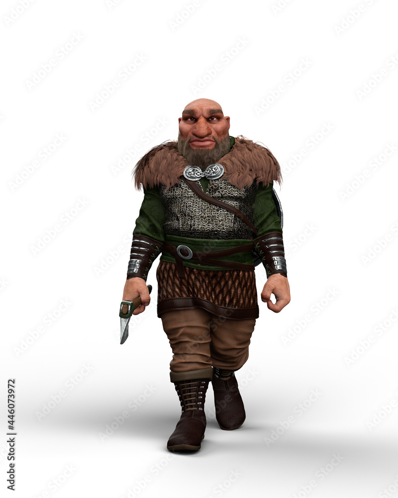 3D illustration of a fantasy warrior dwarf character in battle costume walking with an axe in his right hand isolated on a white background. 3D illustration of a fantasy warrior dwarf character in battle costume walking with an axe in his right hand isolated on a white background.