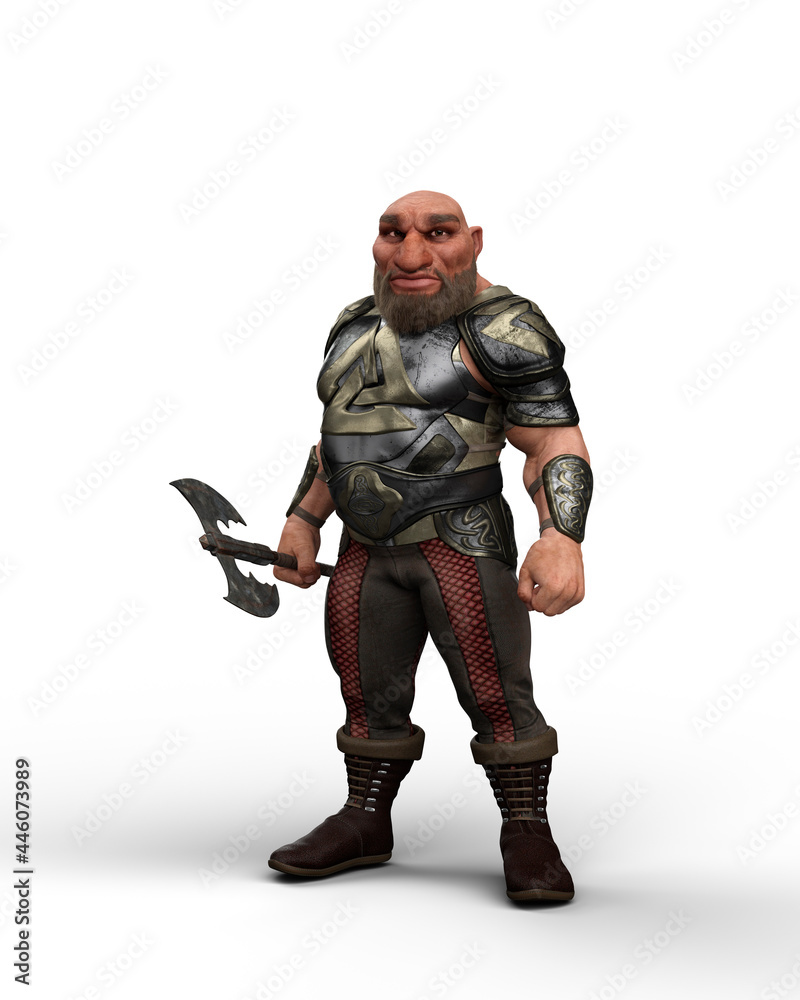 3D illustration of a fantasy dwarf character wearing armour and holding a large battle axe isolated on a white background. 3D illustration of a fantasy dwarf character wearing armour and holding a large battle axe isolated on a white background.