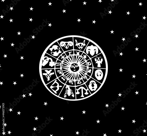Zodiac wheel on a space background. Horoscope and astrology circle zodiac with twelve signs vector. Vector illustration
