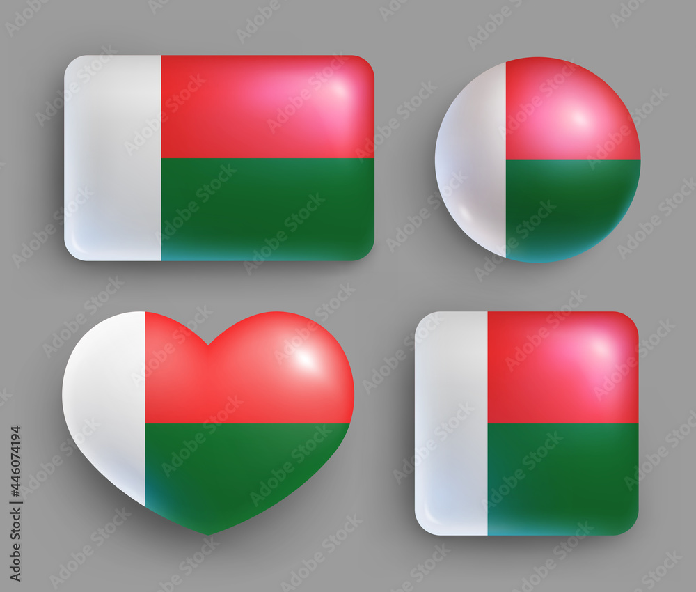 Set of glossy buttons with Madagascar country flag. African Island state national flag, shiny geometric shape badges. Madagascar symbols in patriotic colors realistic vector illustration Set of glossy buttons with Madagascar country flag. African Island state national flag, shiny geometric shape badges. Madagascar symbols in patriotic colors realistic vector illustration