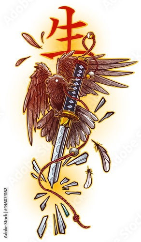 Cartoon graphic raven flying and holding broken katana sword in beak. Japanese hieroglyph means Life. Isolated vector on white background.