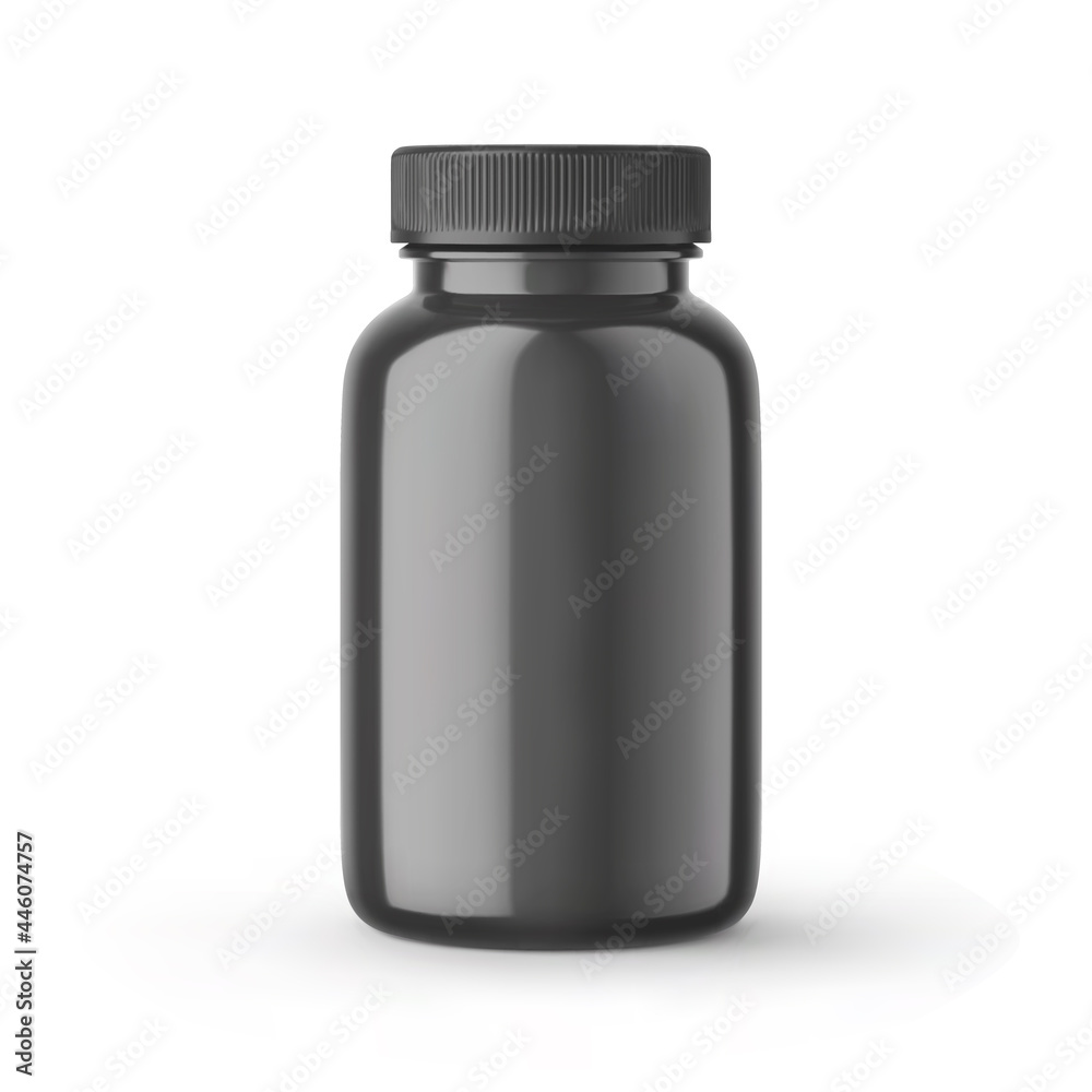 Black blank bottle for medicines with cap mockup. Closed medicine plastic jar, pharmaceutical product container, supplements packaging 3d vector realistic illustration isolated on white background. Black blank bottle for medicines with cap mockup. Closed medicine plastic jar, pharmaceutical product container, supplements packaging 3d vector realistic illustration isolated on white background.