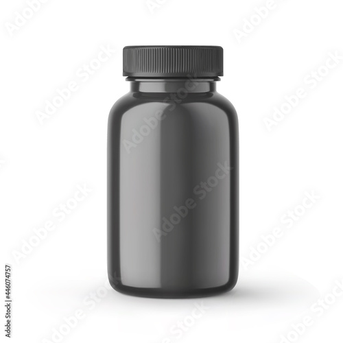 Black blank bottle for medicines with cap mockup. Closed medicine plastic jar, pharmaceutical product container, supplements packaging 3d vector realistic illustration isolated on white background.