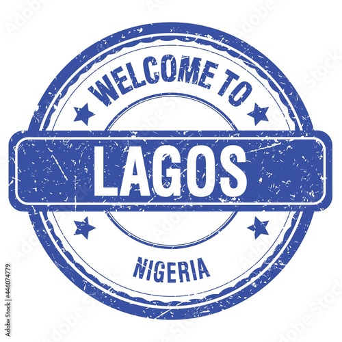 WELCOME TO LAGOS - NIGERIA, words written on blue stamp