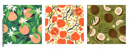 Collection of seamless patterns with fruits. Vector graphics.