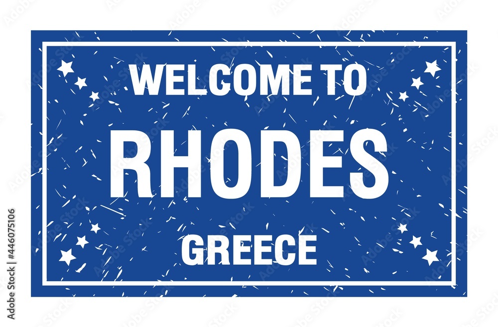 WELCOME TO RHODES - GREECE, words written on light bue rectangle stamp