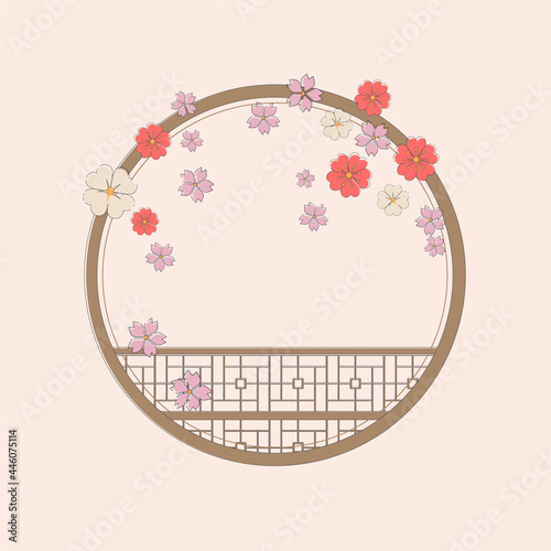 Chinese traditional window. Round frame in flowers. Hand drawing of a Chinese window in colors. Vector. Illustration for card, poster, banner, label, print. Romantic and cute design.