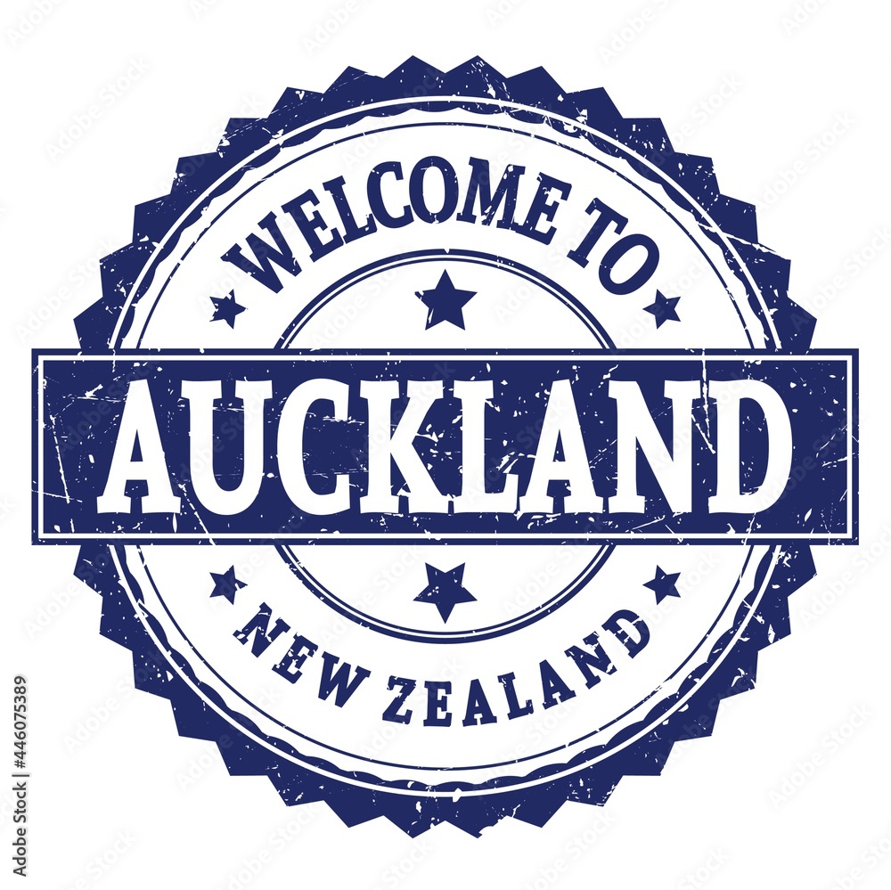 WELCOME TO AUCKLAND - NEW ZEALAND, words written on blue stamp