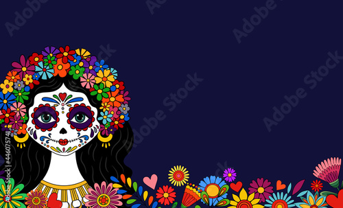 Catrina Dia de los muertos. Day of the dead and Halloween. Mexican tradition, festival. Day of the dead Woman make up of sugar skull. Calavera Catrina isolated. Dia de los Muertos tattoo background.
