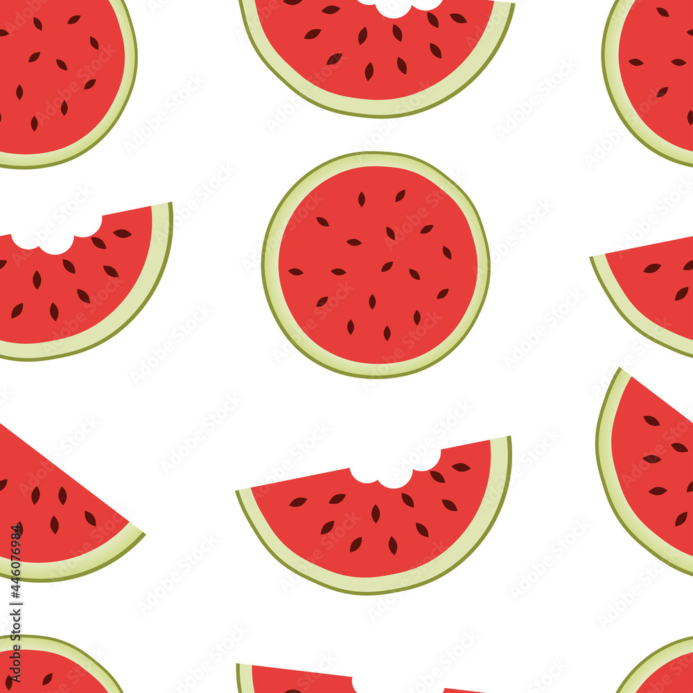 watermelons, whole and bitten chunks, small and large slices evenly placed, around the pattern. Cute red watermelon slice design, seamless wallpaper, background, Color backdrop. watermelons, whole and bitten chunks, small and large slices evenly placed, around the pattern. Cute red watermelon slice design, seamless wallpaper, background, Color backdrop.