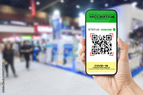 Vaccine digital passport on smartphone screen as proof that the holder has been vaccinated against Covid-19 at the exhibition hall, Requirement for exhibition.