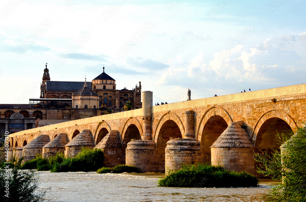 Roman bridge over the Guadalquivir River and in the background the Great Mosque of Cordoba or Mosque-Cathedral of Cordoba, Andalusia, Spain