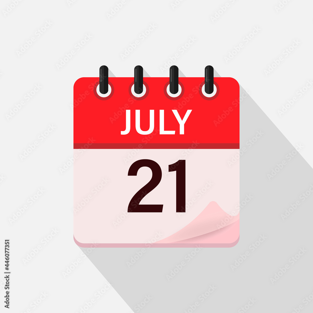 July 21, Calendar icon with shadow. Day, month. Flat vector illustration.