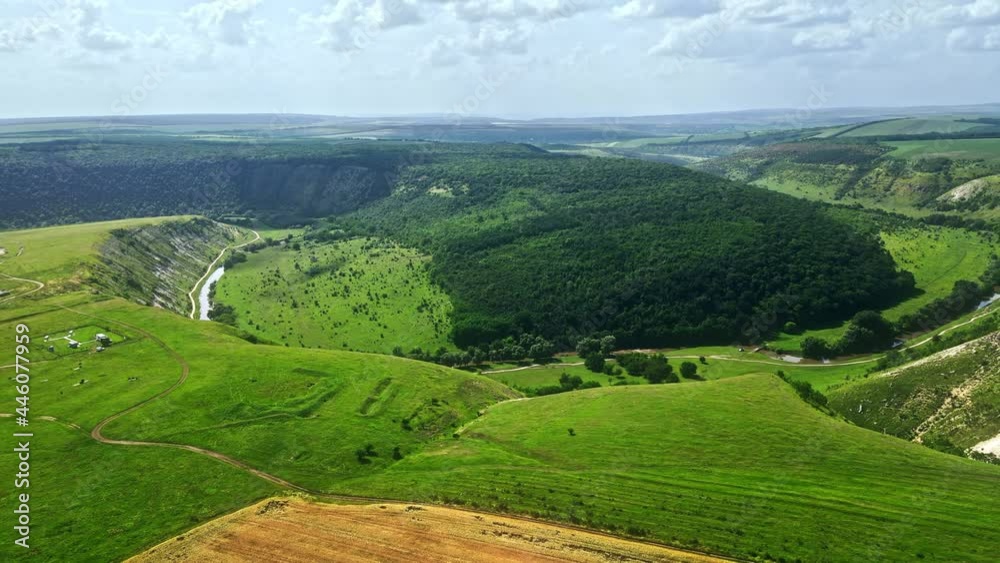 Aerial drone view of nature, green valley with river, hills, forest, Moldova Aerial drone view of nature, green valley with river, hills, forest, Moldova