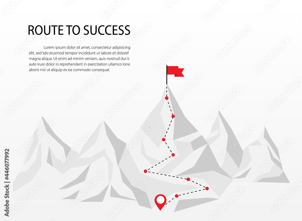 business route to the top of mountain. road to success. Mountain climbing with red flag on peak. vector illustration modern design. Business and goals concept