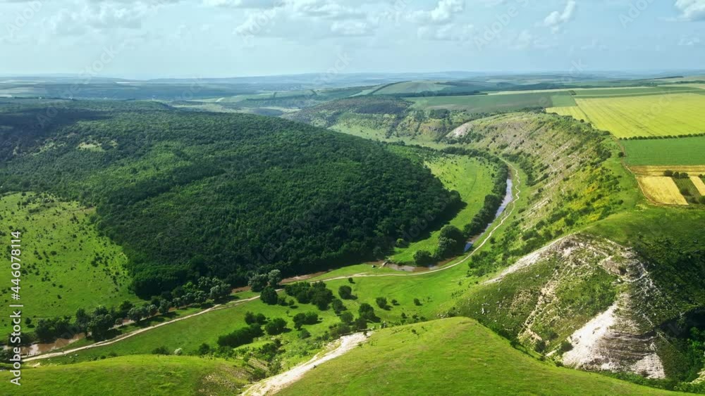 Aerial drone view of nature, green valley with river, hills, forest, Moldova Aerial drone view of nature, green valley with river, hills, forest, Moldova