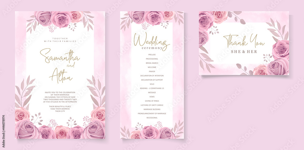 Set Beautiful Wedding Invitation Template With Hand Drawn Roses Flower Ornament