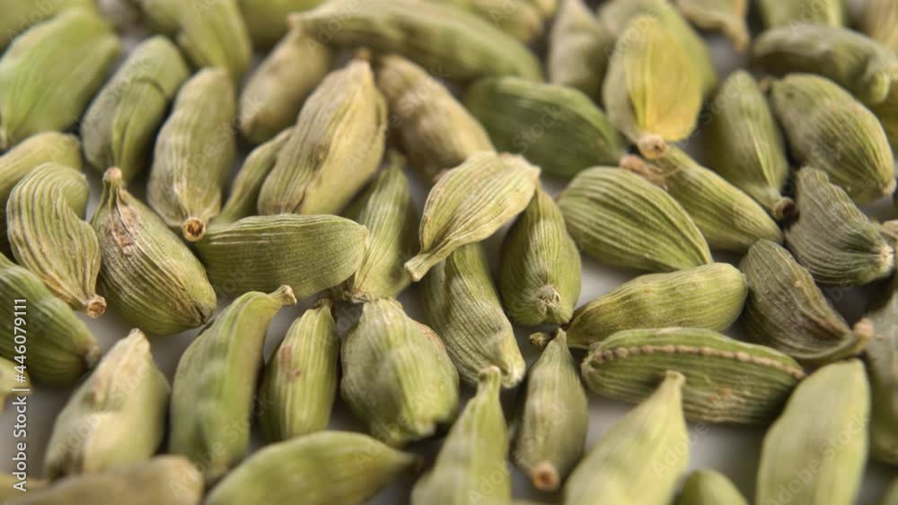 Green dry cardamom seeds. Macro. Rotating Green dry cardamom seeds. Macro. Rotating