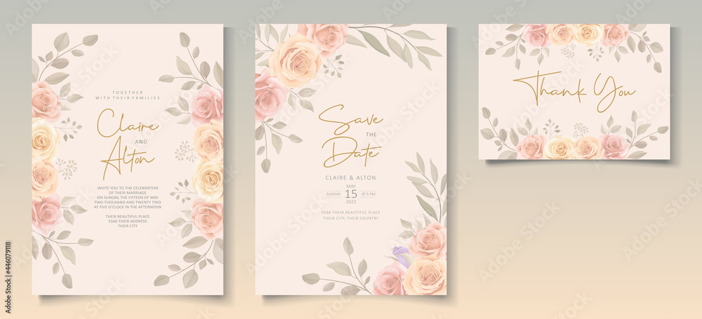 Set Beautiful Soft Color Floral Wedding Invitation Template