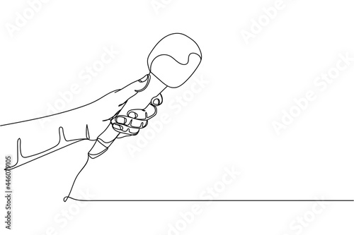 Continuous one line of hand holding a microphone interview conducting a business in silhouette on a white background. Linear stylized.Minimalist.