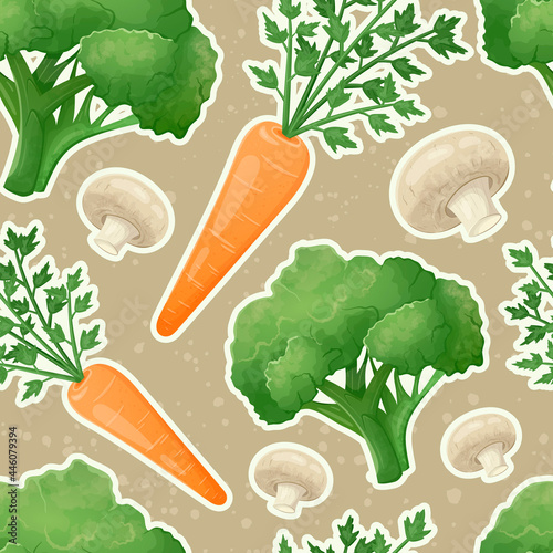 Vector seamless pattern of fresh vegetables and mushrooms. Healthy food stickers with carrots, and broccoli. Natural organic food from a farm or garden.