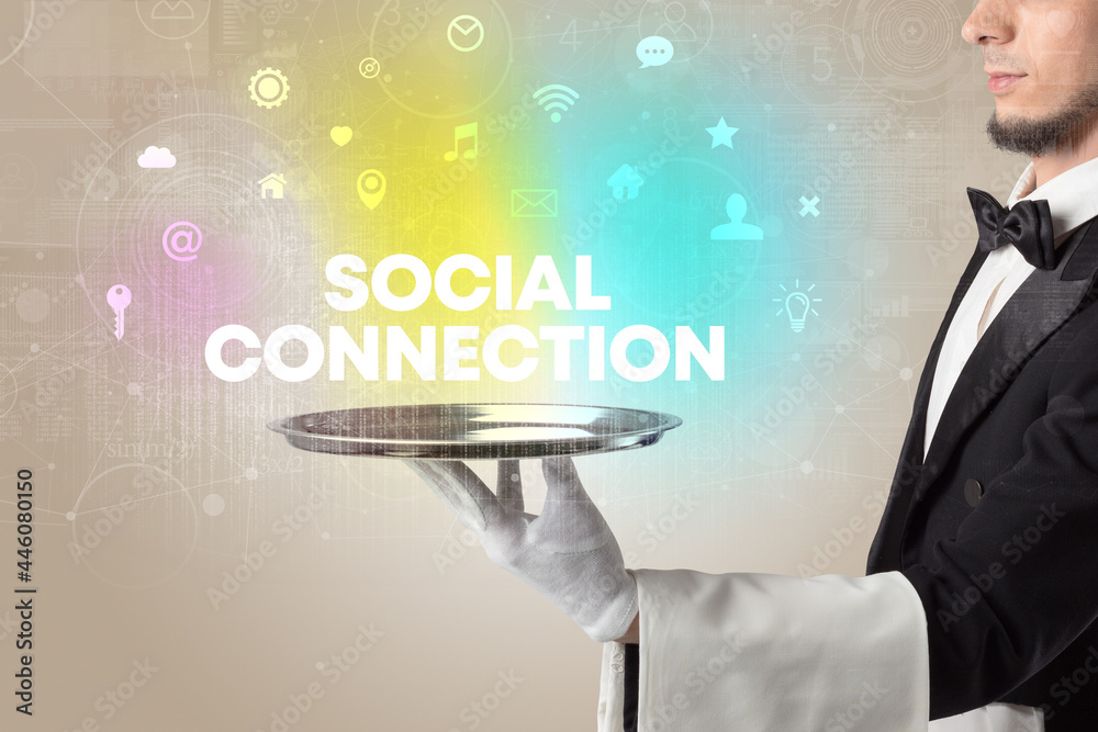 Waiter serving social networking concept Waiter serving social networking concept