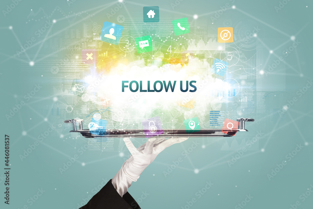 Waiter serving social networking concept Waiter serving social networking concept