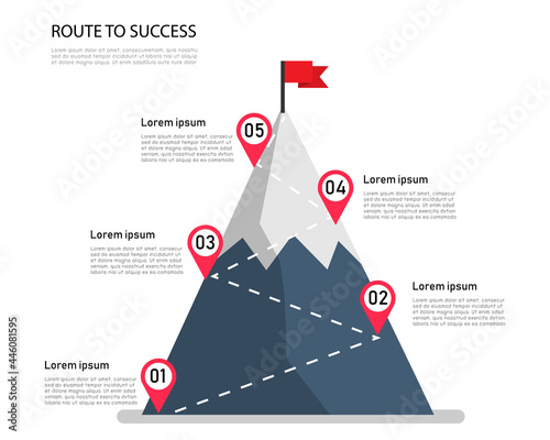 route to success. leadership and motivation. business and finance concept. isolated on white background. vector illustration flat design. mountain infographic 5 element with red flag on top.