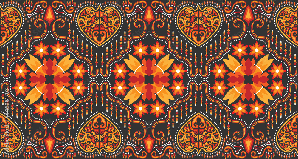 Seamless red-orange fabric pattern adorned with traditional Central Asian motifs.EP.8.