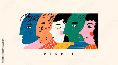 Various faces. Unusual characters in a row. Abstract people portraits. View from side. Collage of different profiles. Hand drawn colored trendy Vector illustration. Poster, print or banner template