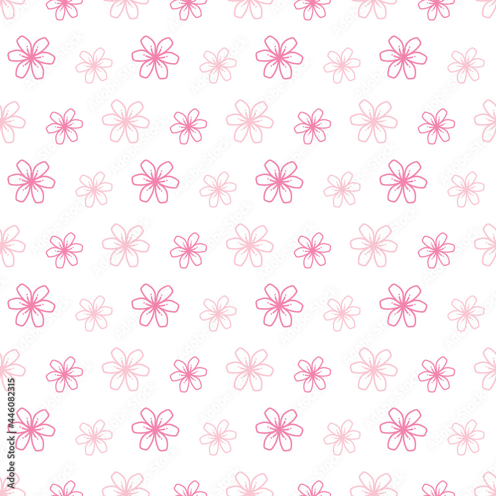 Doodle, hand drawn blooming pink flowers, sakura vector seamless pattern background.
