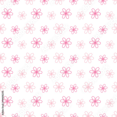 Doodle, hand drawn blooming pink flowers, sakura vector seamless pattern background. 