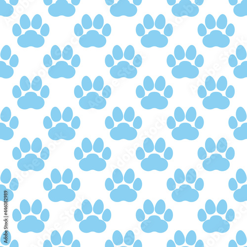 Blue paw print seamless repeating background pattern. Cat or dog footprints. Vector illustration. 