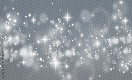White png dust light. Light sparkling dust with white sparkling stars on a transparent background. Glittering texture. Christmas effect for luxury greeting rich card. 