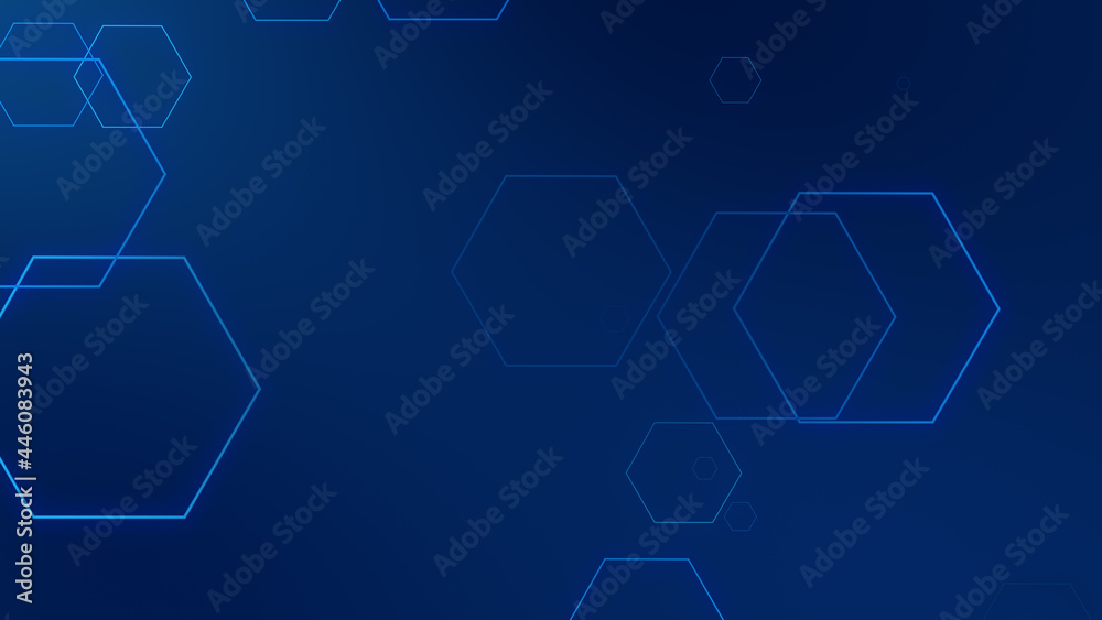 Hexagon geometric blue neon lights technology Hi-tech dark background. Abstract graphic digital future science concept design.