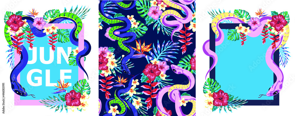set of frame designs with snake and tropis flowers in the jungle, jungle pattern swatch, t shirt print, sticker design set of frame designs with snake and tropis flowers in the jungle, jungle pattern swatch, t shirt print, sticker design