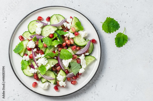 Healthy pomegranate cucumber salad, red onion mint vinegar gressing. Space for text, top view.