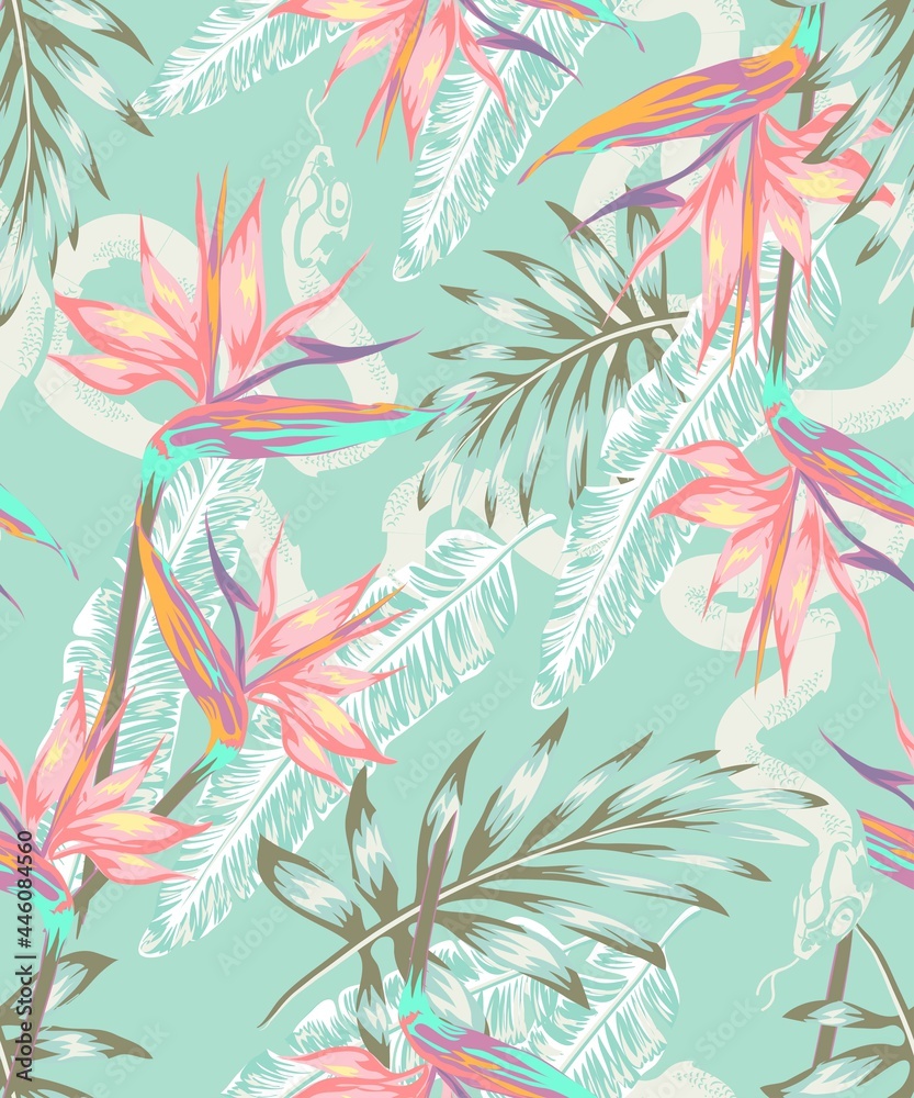 set of designs Beautiful pattern with a snake in a tropical jungle pastel shades, Abstraction for printing on paper, postcards, kids clothes, bedding, textiles.