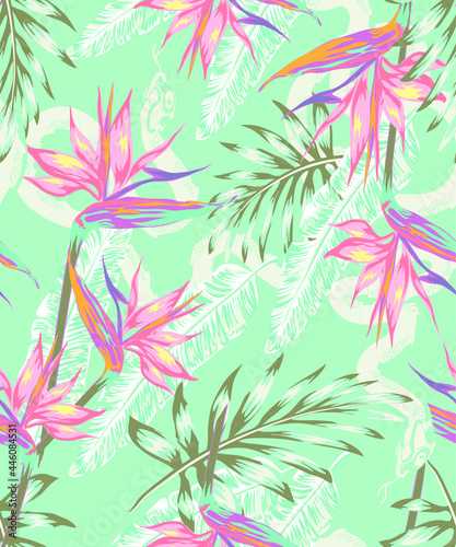 set of designs Beautiful pattern with a snake in a tropical jungle pastel shades, Abstraction for printing on paper, postcards, kids clothes, bedding, textiles.