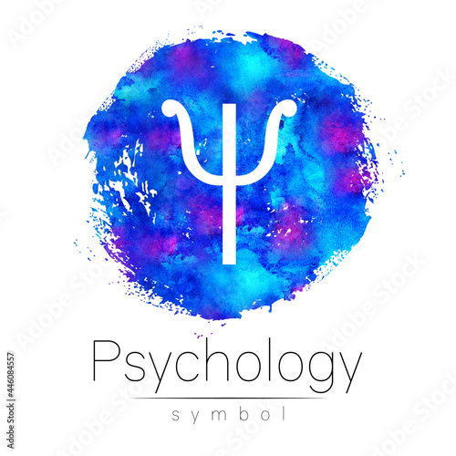 Modern logo of Psychology. Letter Psi. Creative style. Logotype on blue painted art watercolor brush circle backgrund. Design concept. Brand company. Symbol for web, print, card. Isolated on white