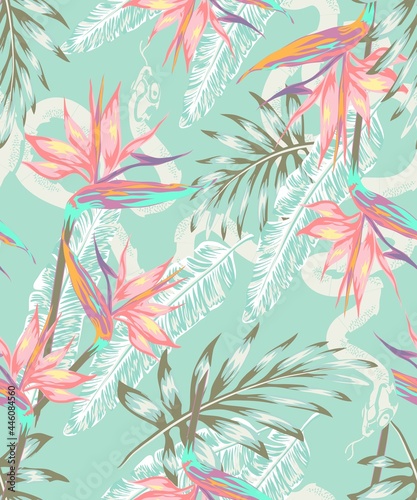 set of designs Beautiful pattern with a snake in a tropical jungle pastel shades, Abstraction for printing on paper, postcards, kids clothes, bedding, textiles.