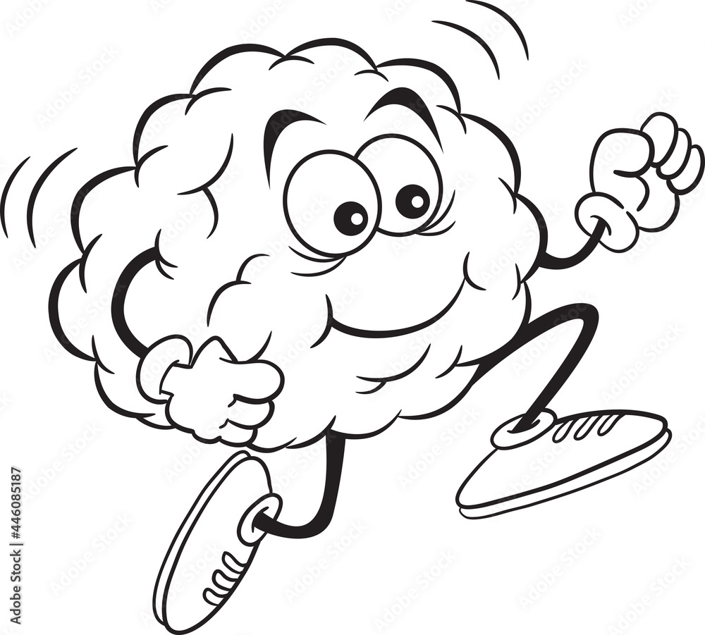Black and white illustration of a brain running while wearing athletic shoes. Black and white illustration of a brain running while wearing athletic shoes.