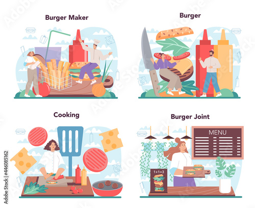 Fast food, burger house concept set. Chef cook tasty hamburger