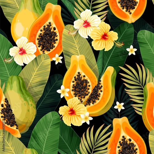 Vector seamless pattern with papaya and palm leaf