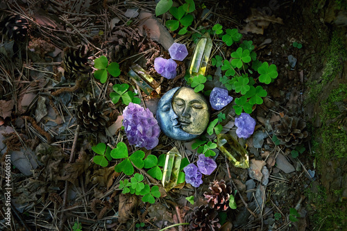 Fotografia Symbolic moon, mineral gemstones, green clover leaves on natural forest background