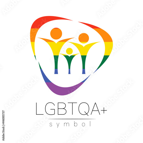 Vector LGBTQA family symbol. Pride flag background. Icon for gay, lesbian, bisexual, transsexual, queer and allies person. Can be use for sign activism, psychology or counseling. LGBT on white.